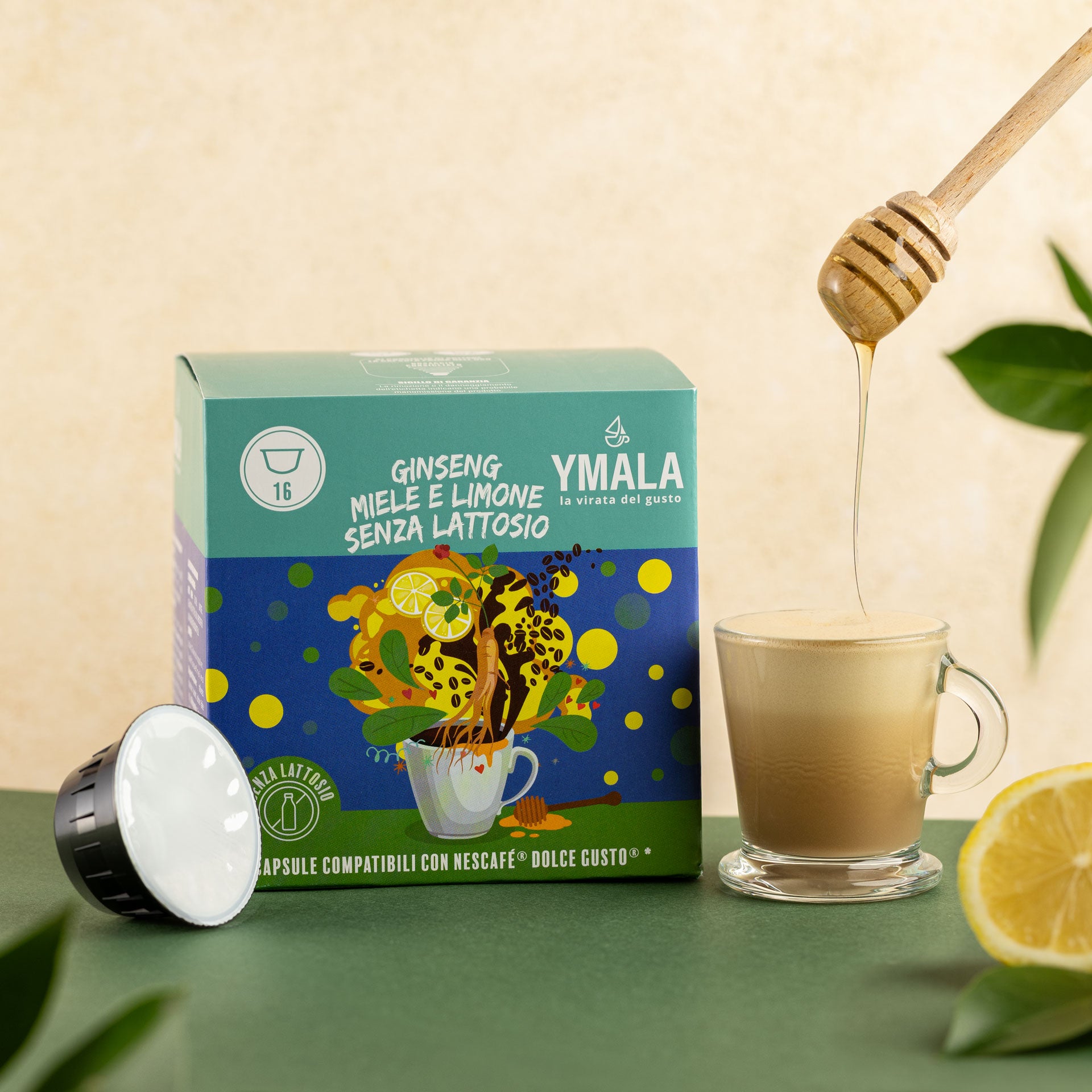 16 capsule Dolce Gusto®* Ginseng miele e limone senza lattosio